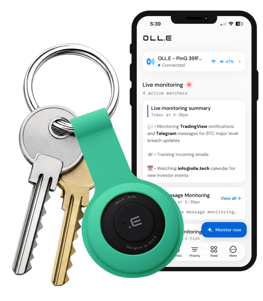 OLL.E PinG on a keyring beside the OLL.E app showing live monitoring